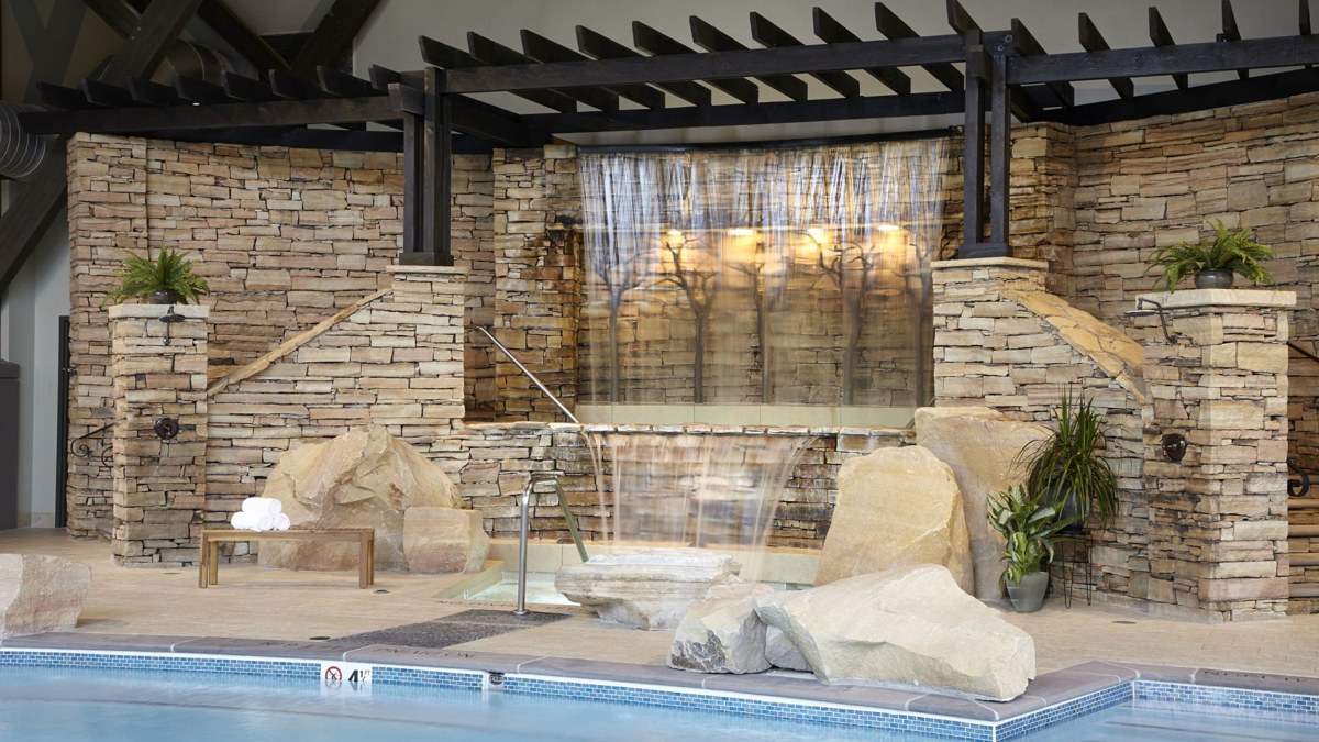 Hydrotherapy pool and waterfall feature at The Lodge at Woodloch spa