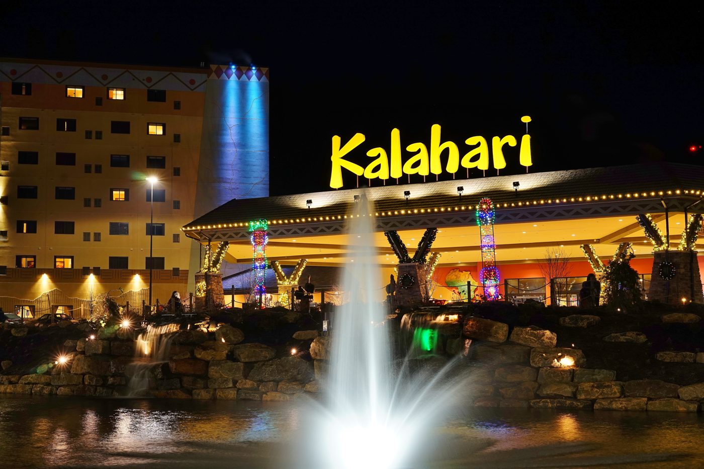 Kalahari Resorts Poconos entrance lit up at night