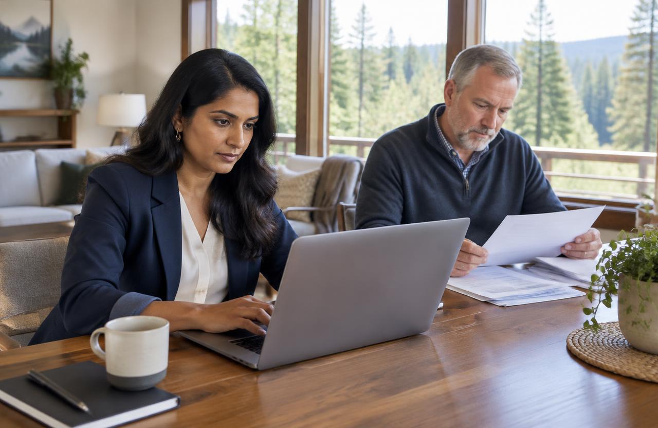 Business travelers using a naturally lit home workspace