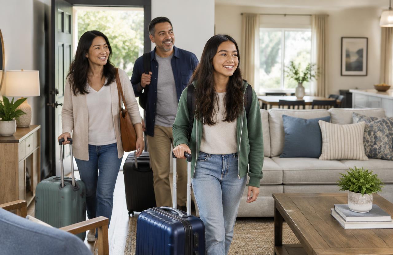 A family arriving at a furnished temporary home