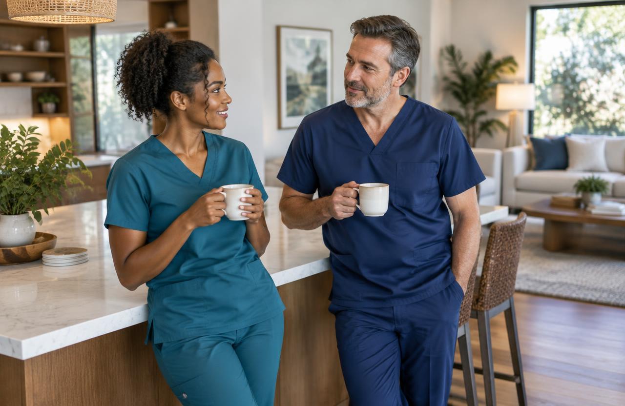 Two medical professionals relaxing at home after work
