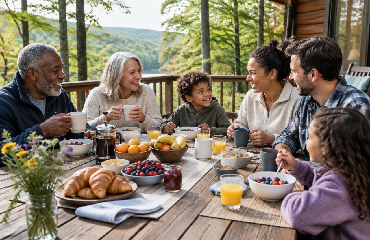 A multigenerational family sharing breakfast on a wooded deck